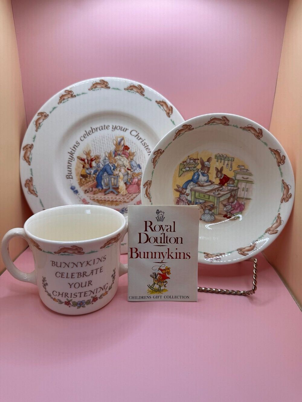 ROYAL DOULTON Bunnykins Christening Set Plate Bowl Mug Made in England (Bx 25)